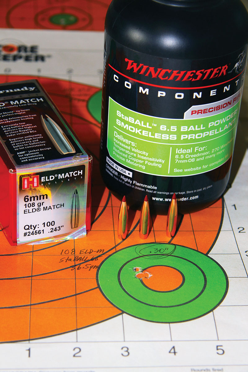 Hornady’s 108-grain ELD Match struggled a bit due to a seating depth slightly on the long side, but managed a .30-inch group at 2,834 fps using 36.5 grains of Winchester StaBALL 6.5.